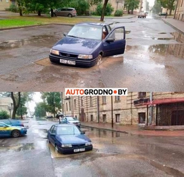 Авто утонул во дворах: строители забыли обозначить глубокую яму в Гродно Авто утонул во дворах: строители забыли обозначить глубокую яму в Гродно